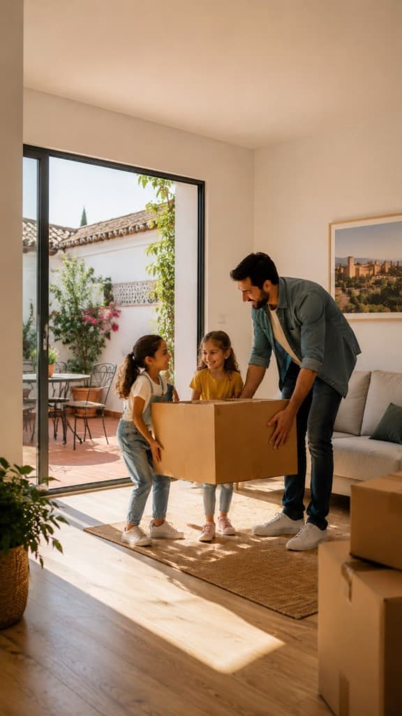 Pablo con sus hijas Emma y Noa en su nueva vivienda